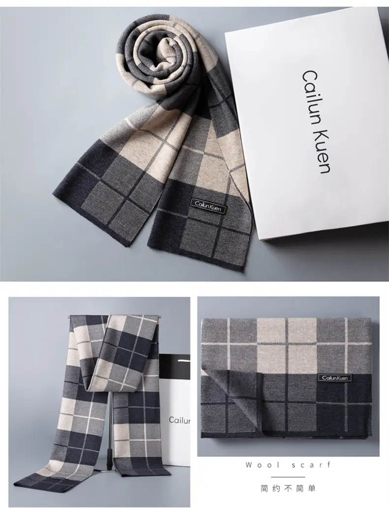 2024 Men's Wool Knitted Scarf Grey Black Korean Style — feature 23