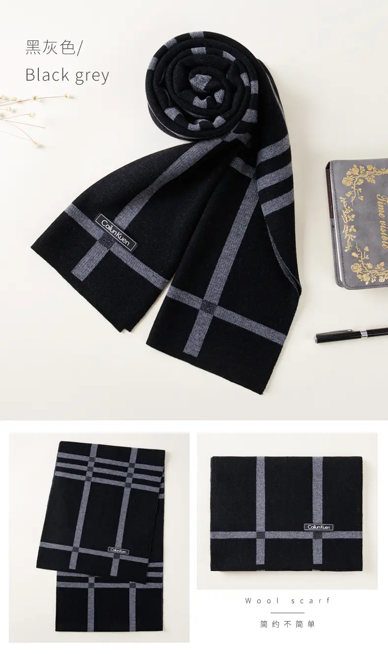 2024 Men's Wool Knitted Scarf Grey Black Korean Style — feature 32