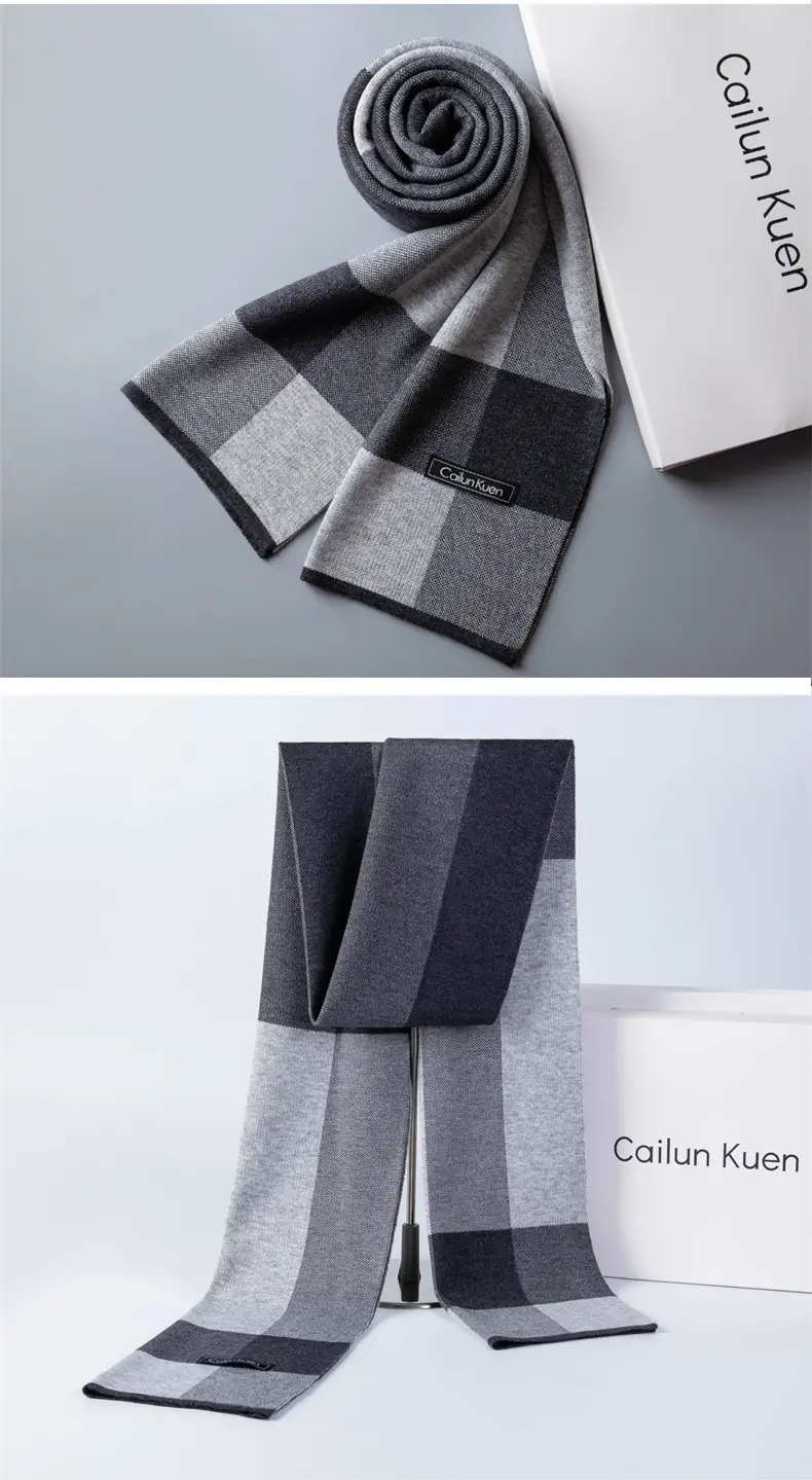 2024 Men's Wool Knitted Scarf Grey Black Korean Style — feature 34