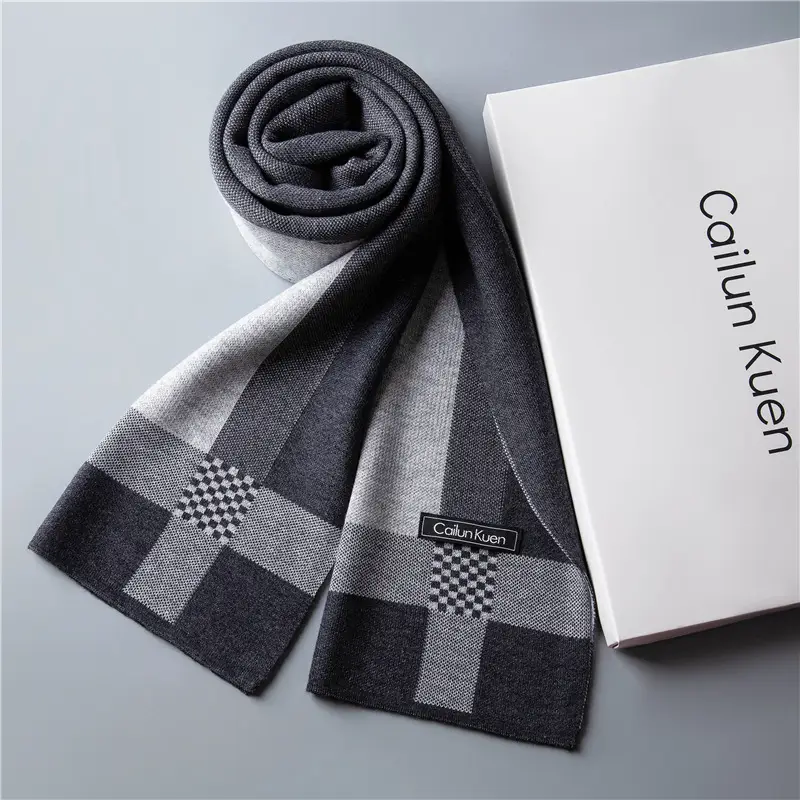 2024 Men's Wool Knitted Scarf Grey Black Korean Style - Image 2
