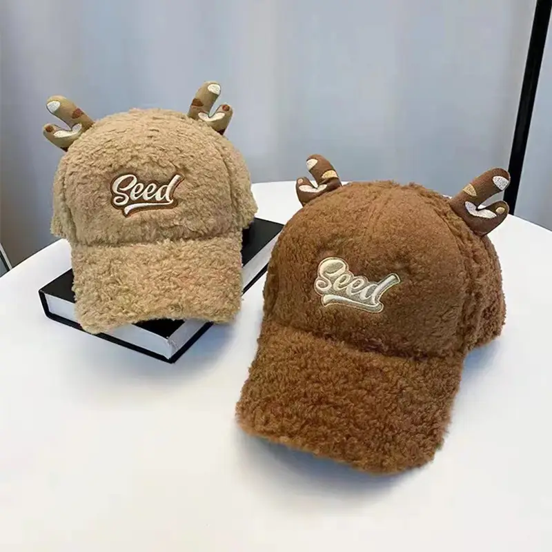 Black Fleece Berber Cap with Antler Embroidery for Women