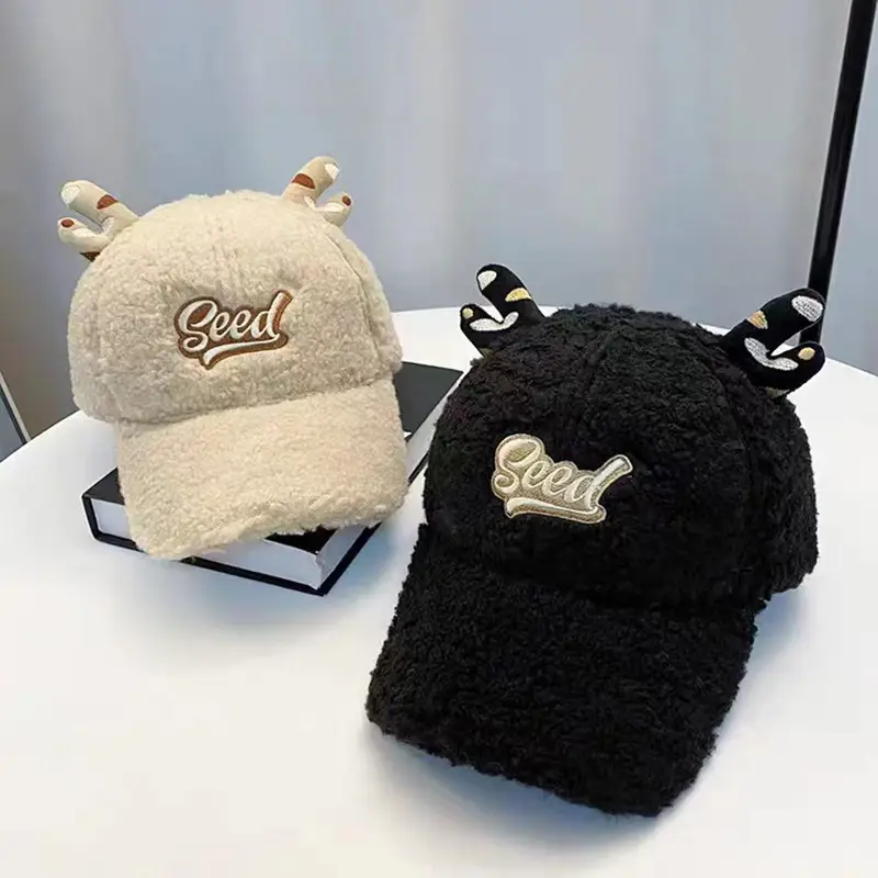 Black Fleece Berber Cap with Antler Embroidery for Women