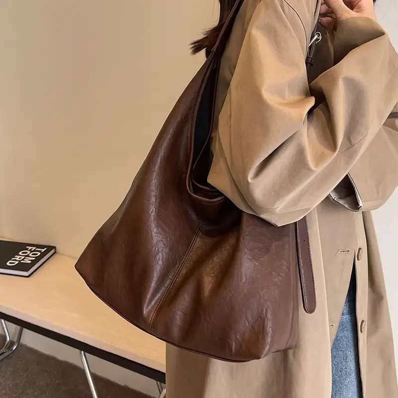 Women Retro Bucket Bag Brown Leather Large Capacity 2023