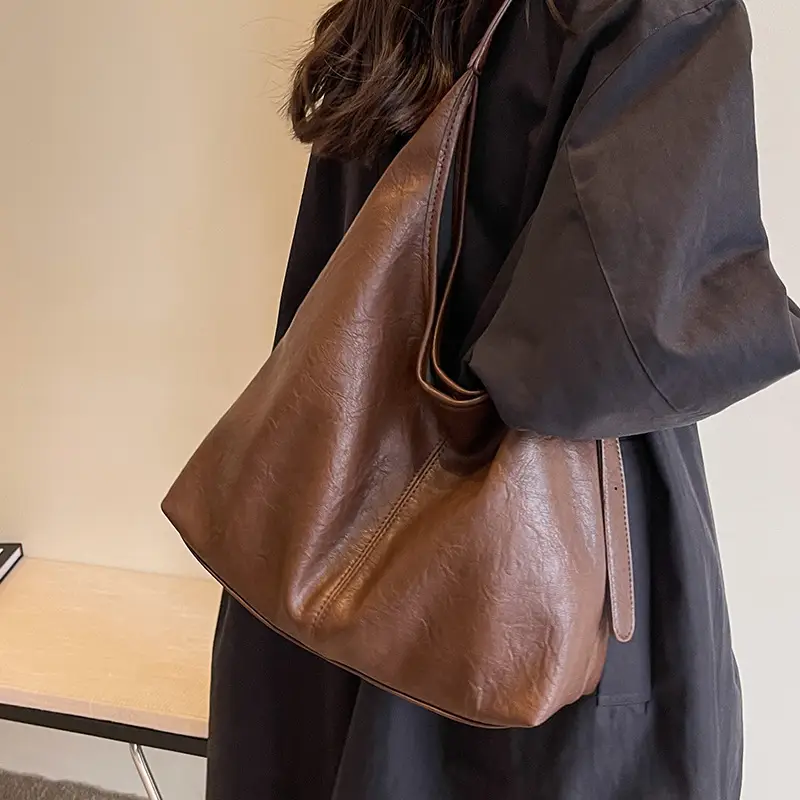 Women Retro Bucket Bag Brown Leather Large Capacity 2023