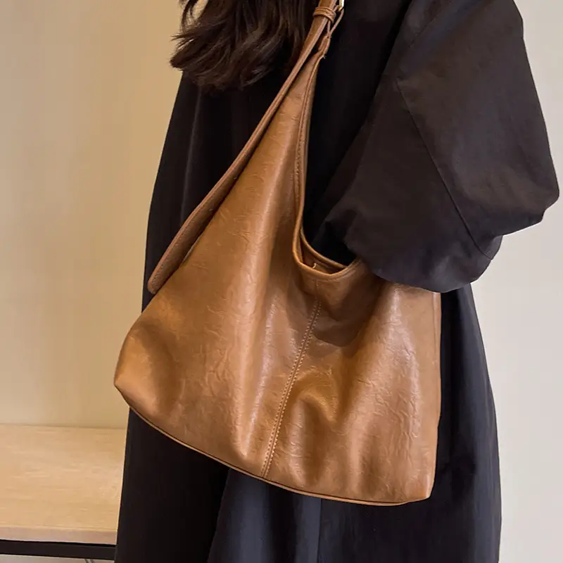 Women Retro Bucket Bag Brown Leather Large Capacity 2023