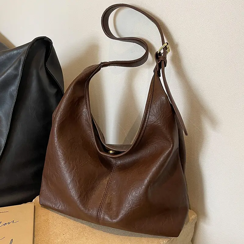 Women Retro Bucket Bag Brown Leather Large Capacity 2023