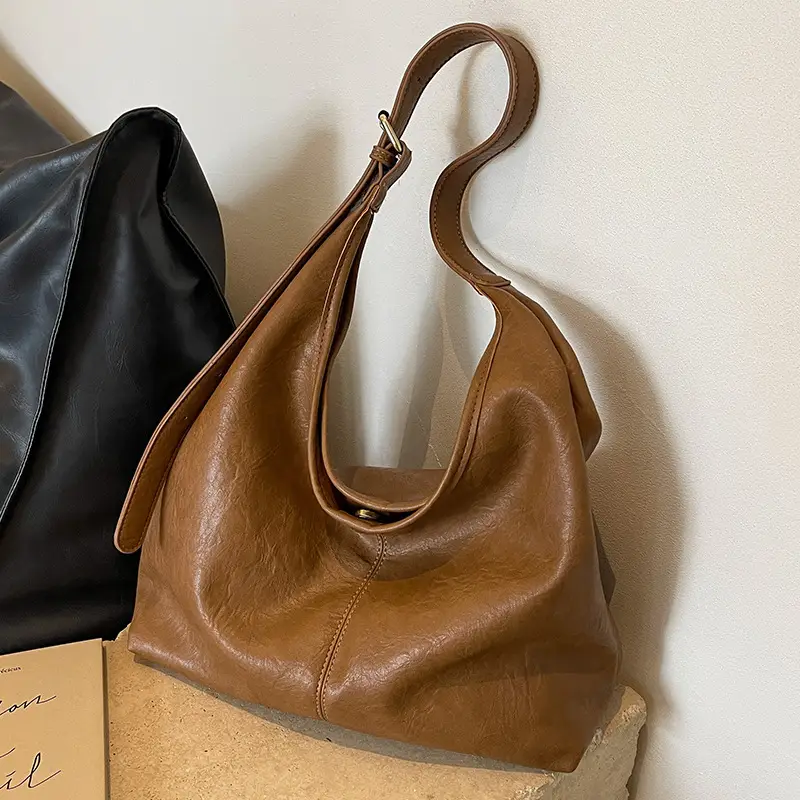 Women Retro Bucket Bag Brown Leather Large Capacity 2023