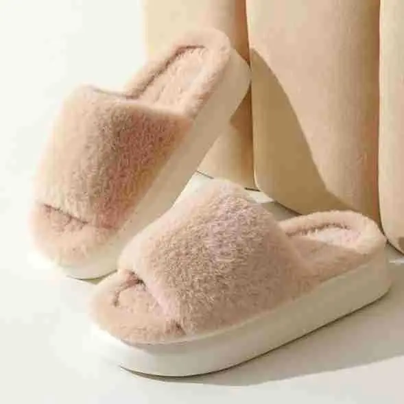 Fairy style thick-soled eva plush slippers women's outer wear 2022 autumn new plush home one-word cotton slippers — feature 14