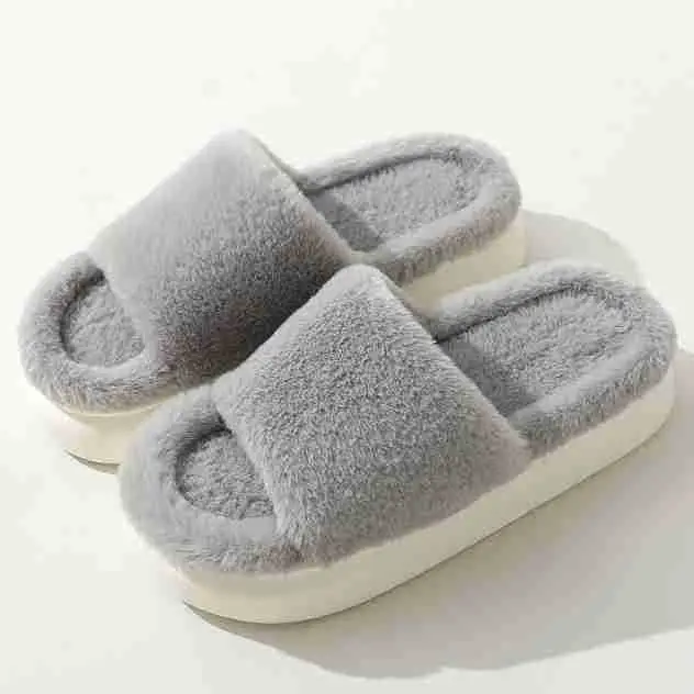 Fairy style thick-soled eva plush slippers women's outer wear 2022 autumn new plush home one-word cotton slippers — feature 21
