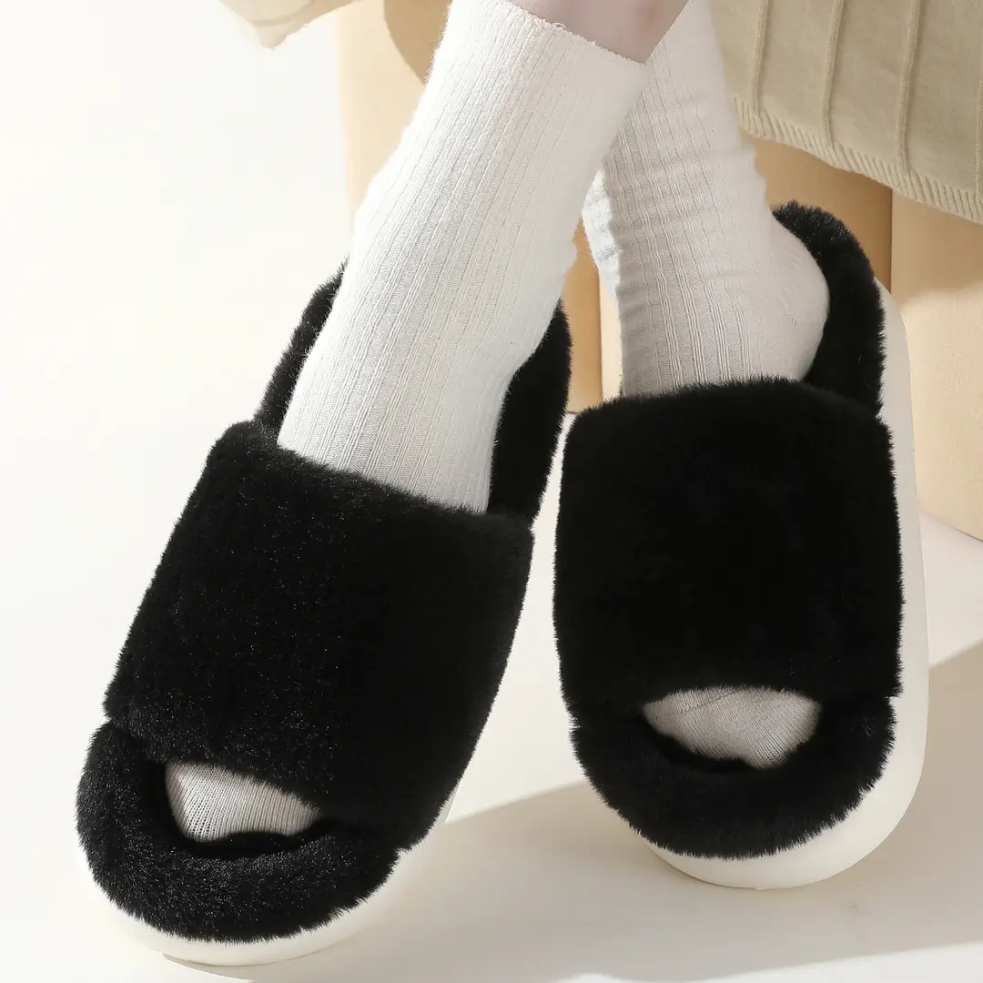 Fairy style thick-soled eva plush slippers women's outer wear 2022 autumn new plush home one-word cotton slippers — feature 4