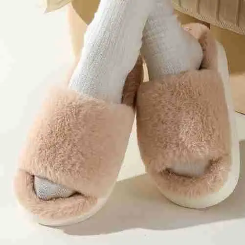 Fairy style thick-soled eva plush slippers women's outer wear 2022 autumn new plush home one-word cotton slippers — feature 6