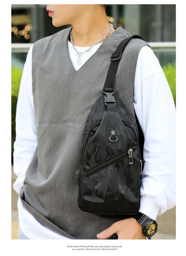 Men's Black Motorcycle Style Chest Bag with Adjustable Strap — feature 15