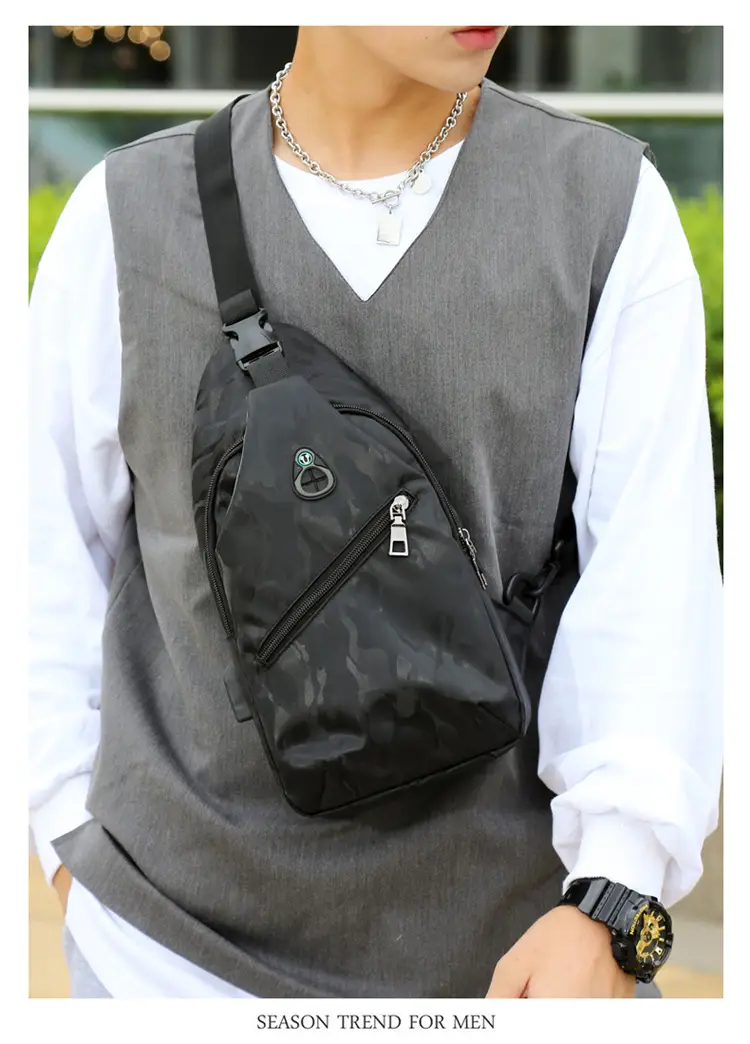 Men's Black Motorcycle Style Chest Bag with Adjustable Strap — feature 16