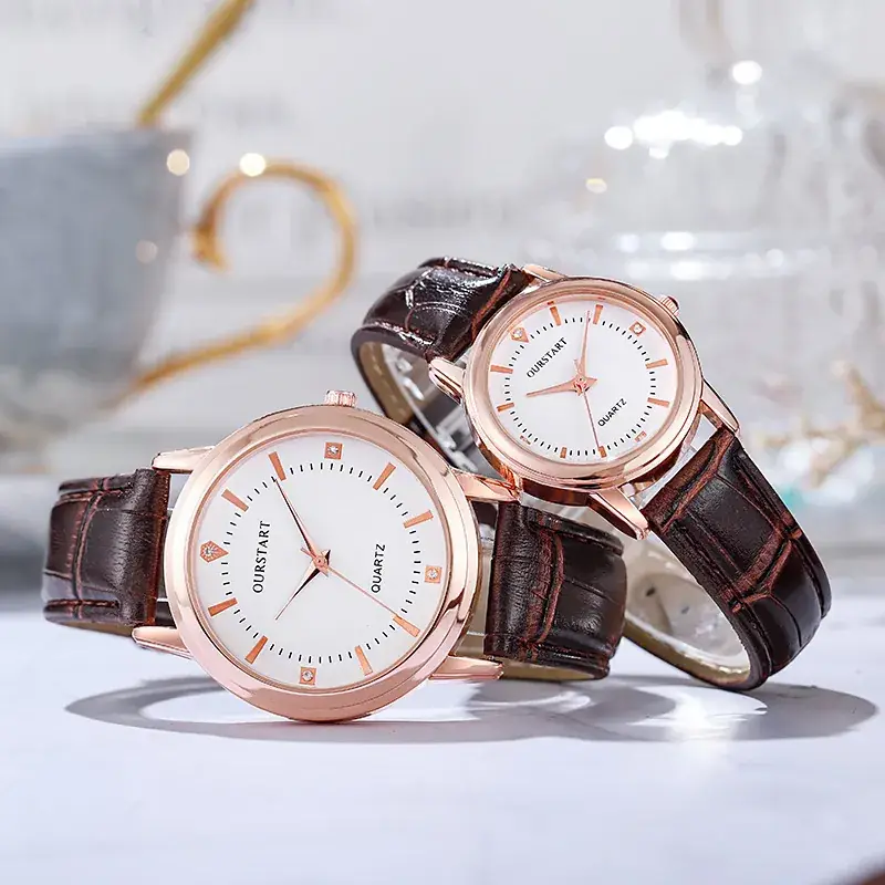 Women's Rose Gold Couple Watch with Brown Leather Band - Image 3