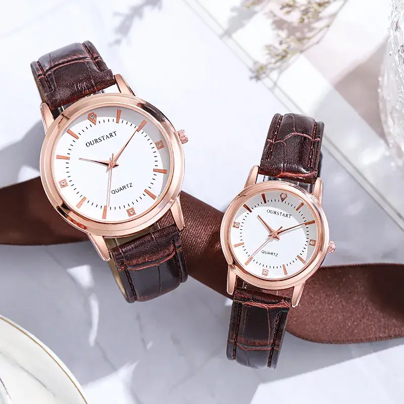 Women's Rose Gold Couple Watch with Brown Leather Band - Image 4