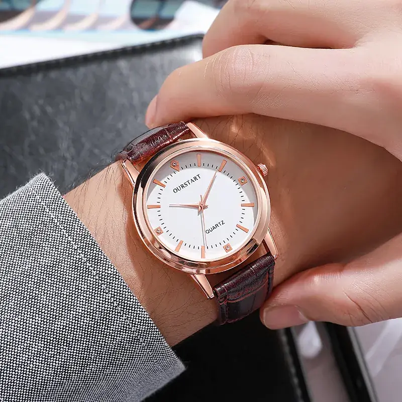 Women's Rose Gold Couple Watch with Brown Leather Band - Image 5