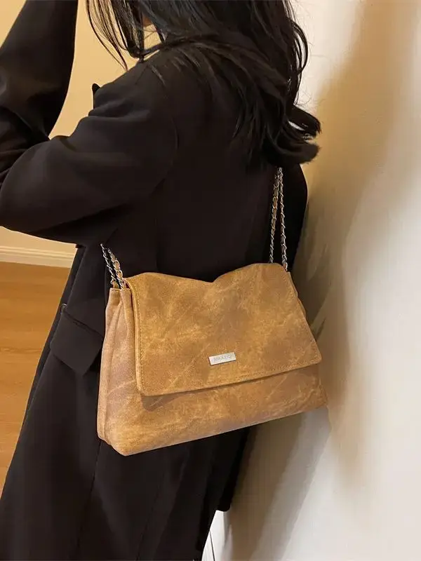 Frosted Chain Shoulder Bag Women Brown 2023