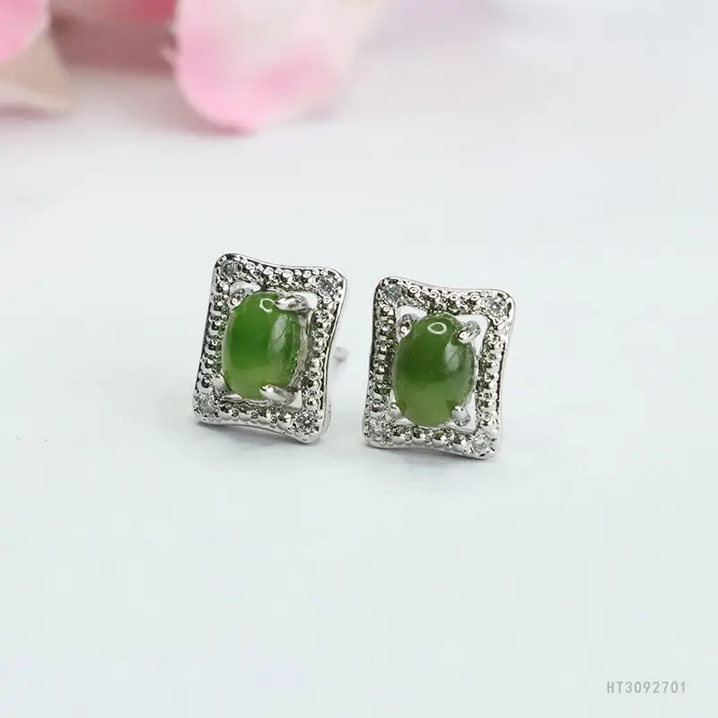 Guan Yu Jade Jasper Earrings S925 Silver Square - Image 3