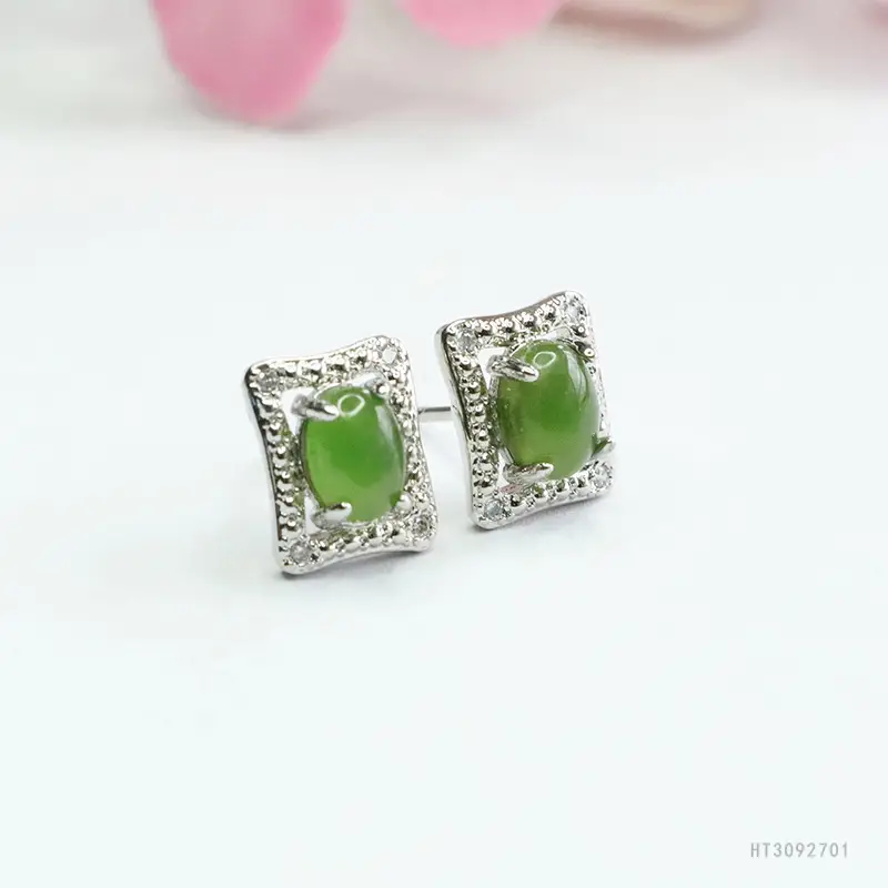 Guan Yu Jade Jasper Earrings S925 Silver Square - Image 4