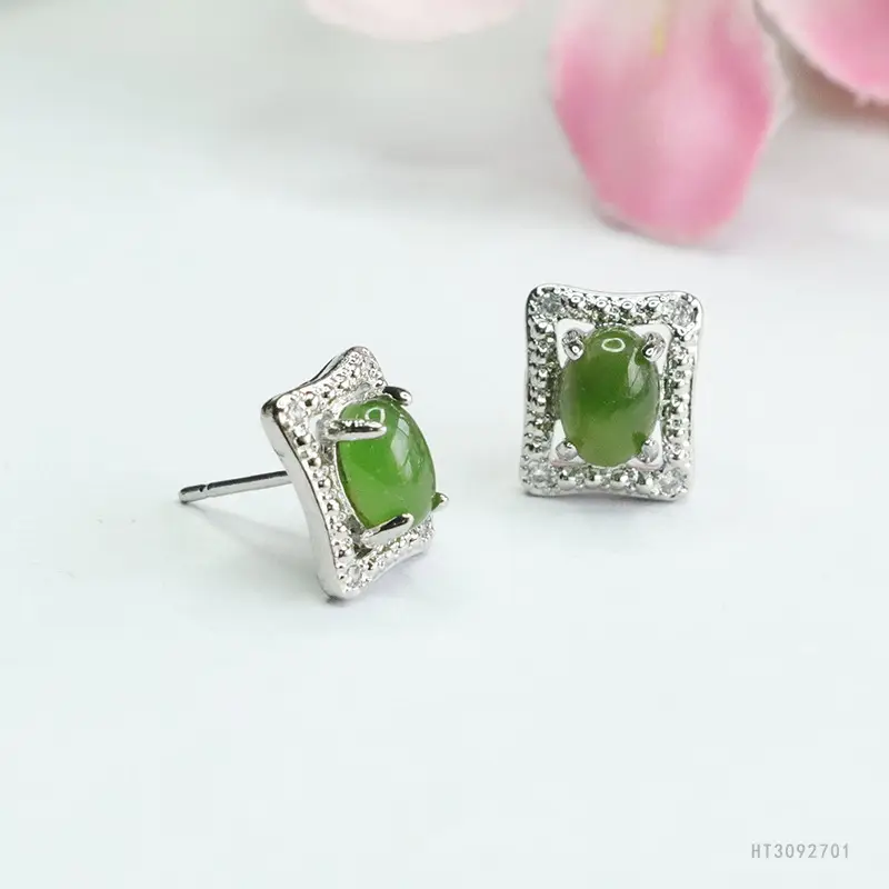 Guan Yu Jade Jasper Earrings S925 Silver Square - Image 5