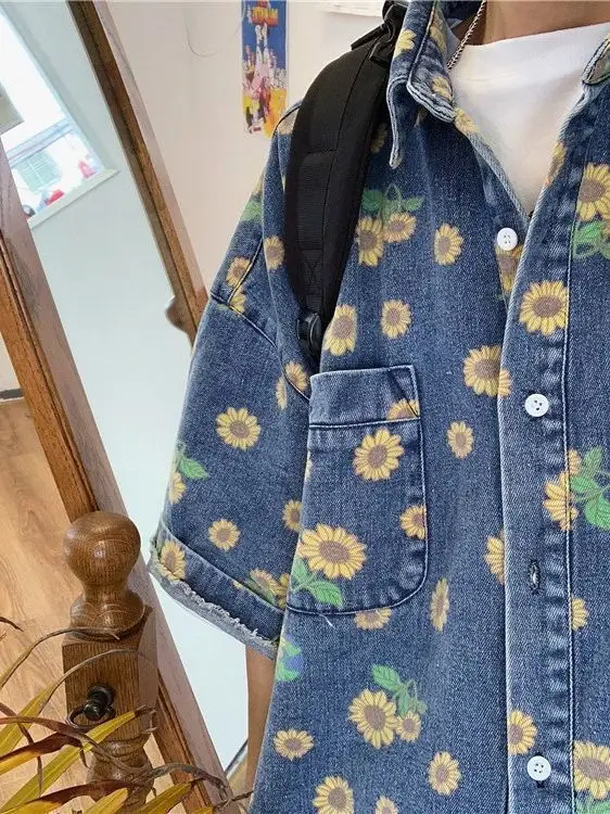 Vintage Denim Shirt Men Summer Daisy Print Washed