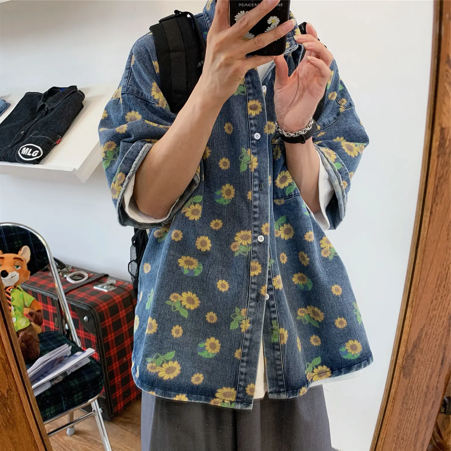 Vintage Denim Shirt Men Summer Daisy Print Washed — feature 10