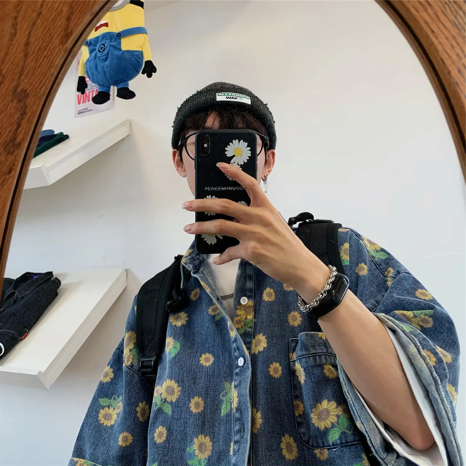 Vintage Denim Shirt Men Summer Daisy Print Washed — feature 11