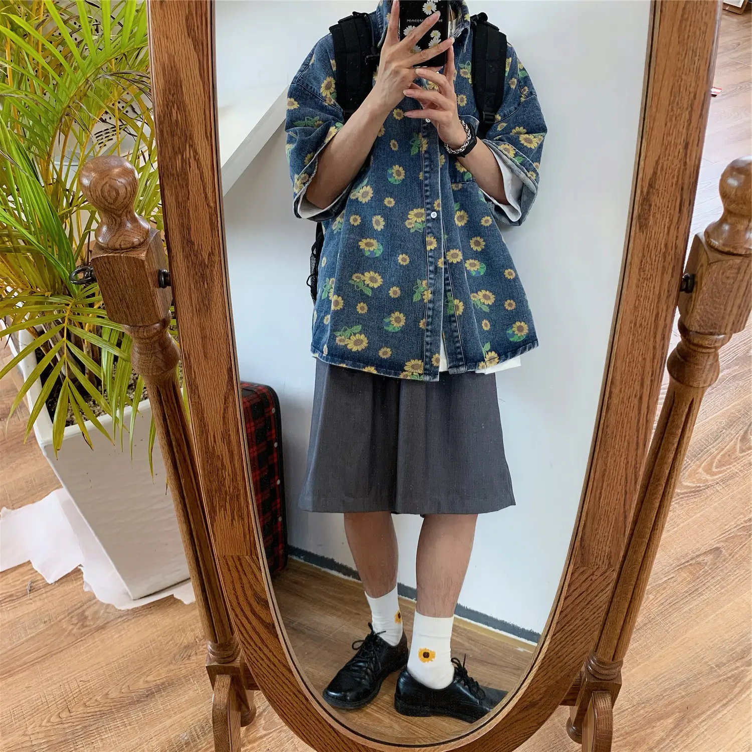Vintage Denim Shirt Men Summer Daisy Print Washed — feature 12