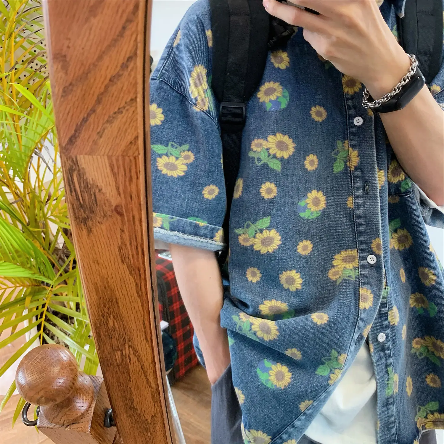Vintage Denim Shirt Men Summer Daisy Print Washed — feature 13