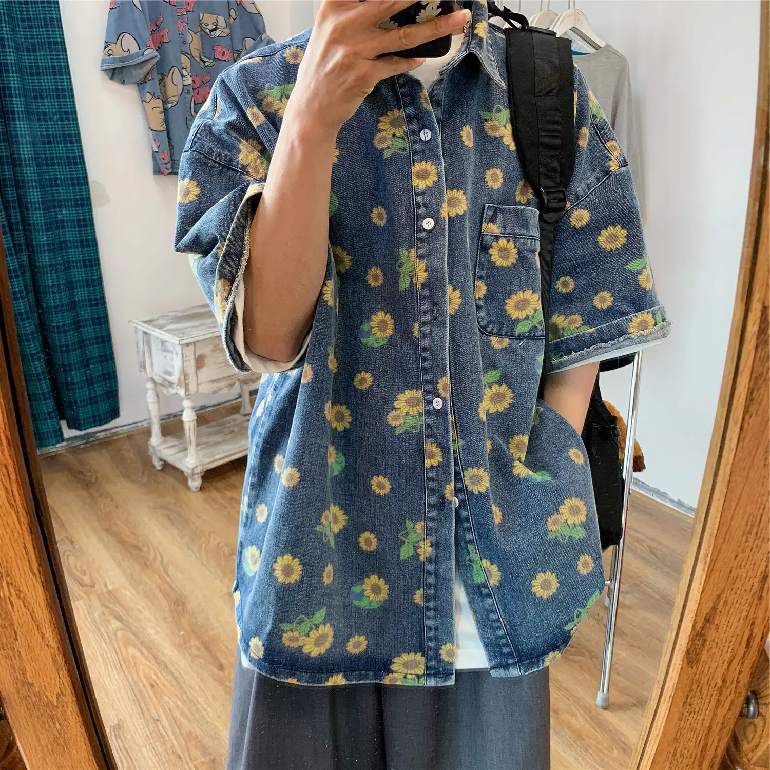 Vintage Denim Shirt Men Summer Daisy Print Washed — feature 15