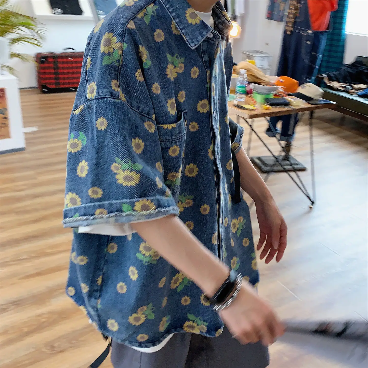 Vintage Denim Shirt Men Summer Daisy Print Washed — feature 17