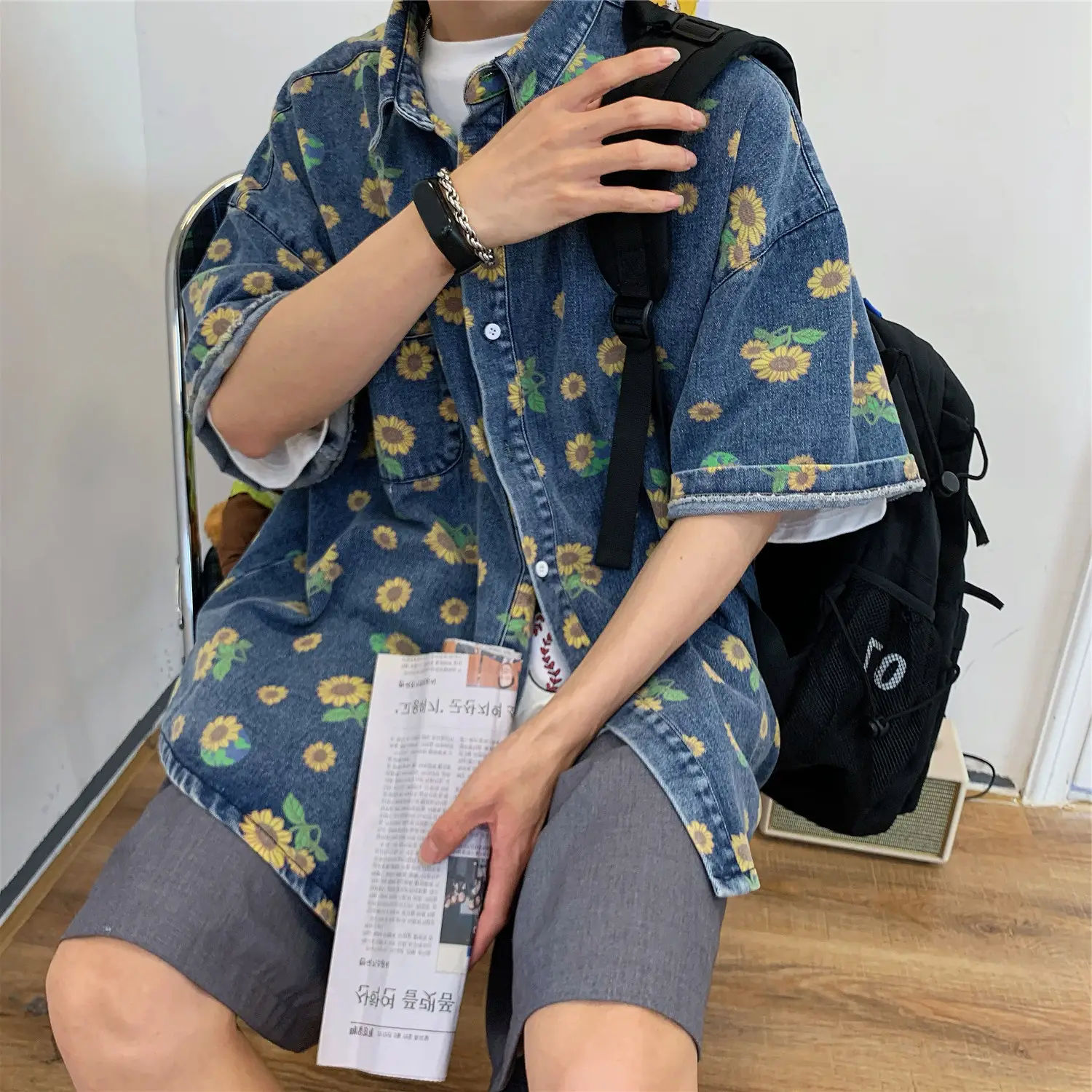 Vintage Denim Shirt Men Summer Daisy Print Washed — feature 19