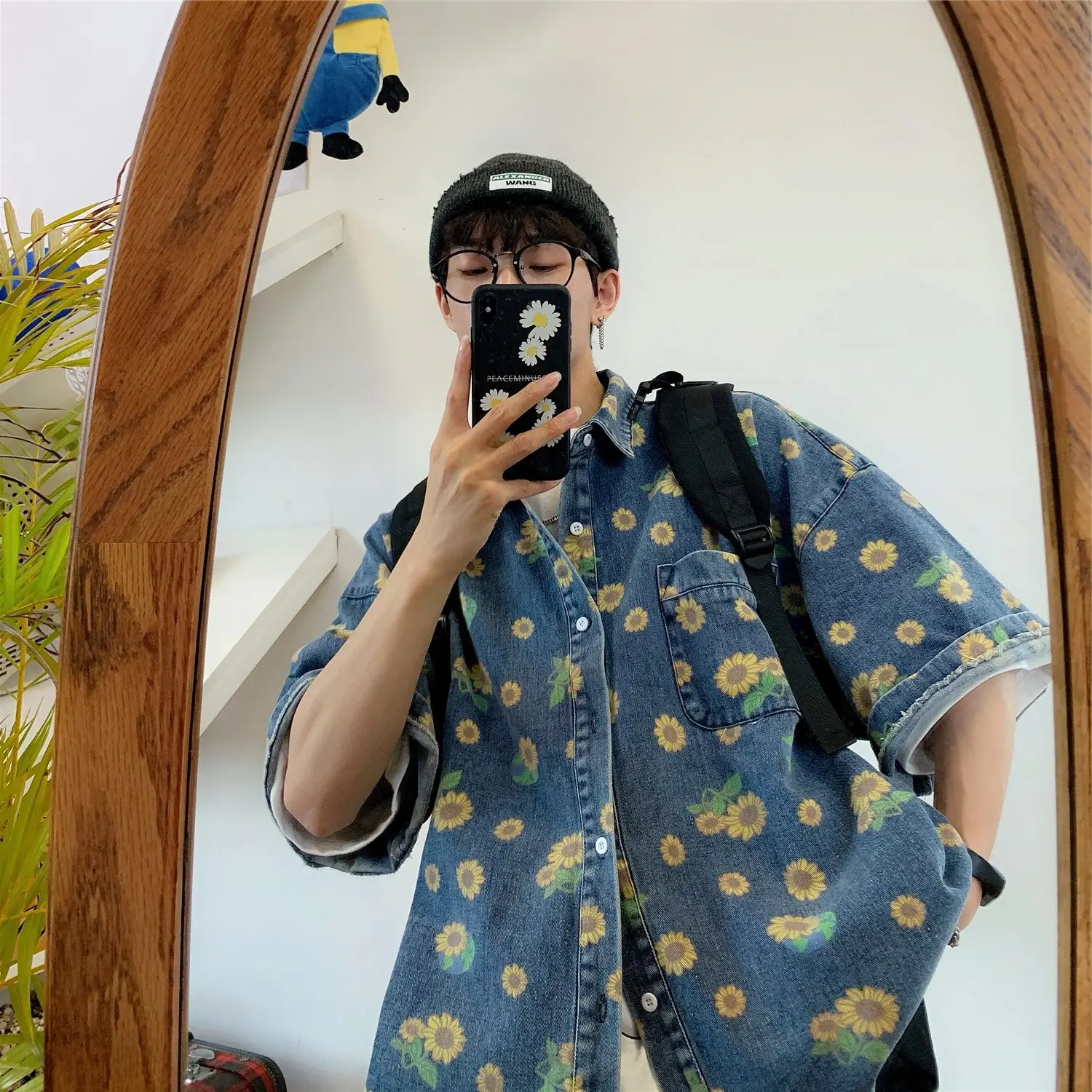 Vintage Denim Shirt Men Summer Daisy Print Washed — feature 2