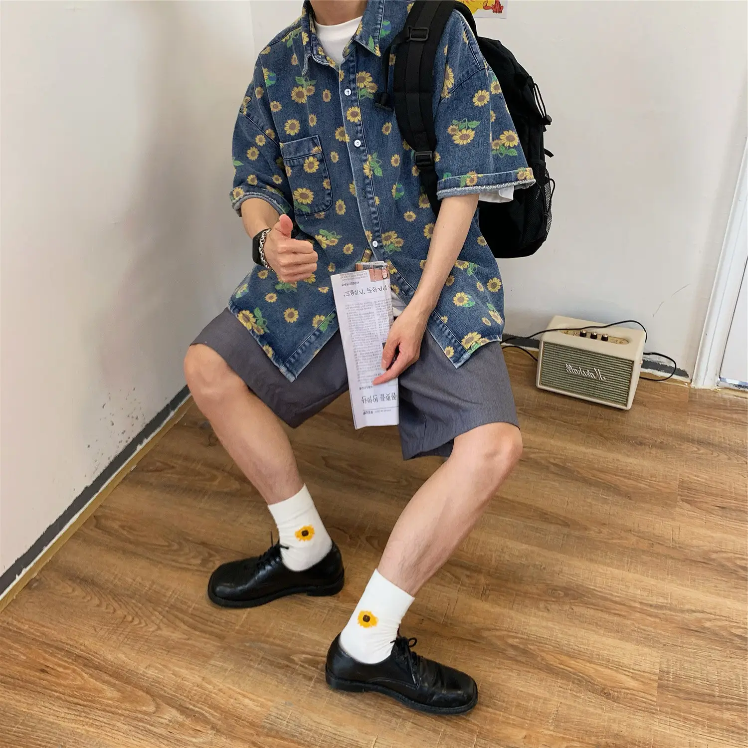 Vintage Denim Shirt Men Summer Daisy Print Washed — feature 21