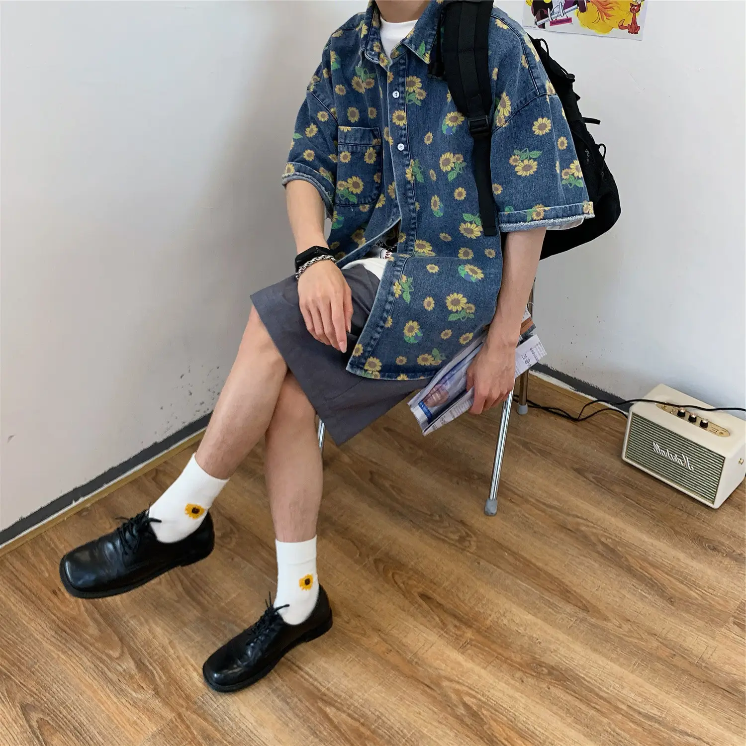 Vintage Denim Shirt Men Summer Daisy Print Washed — feature 22