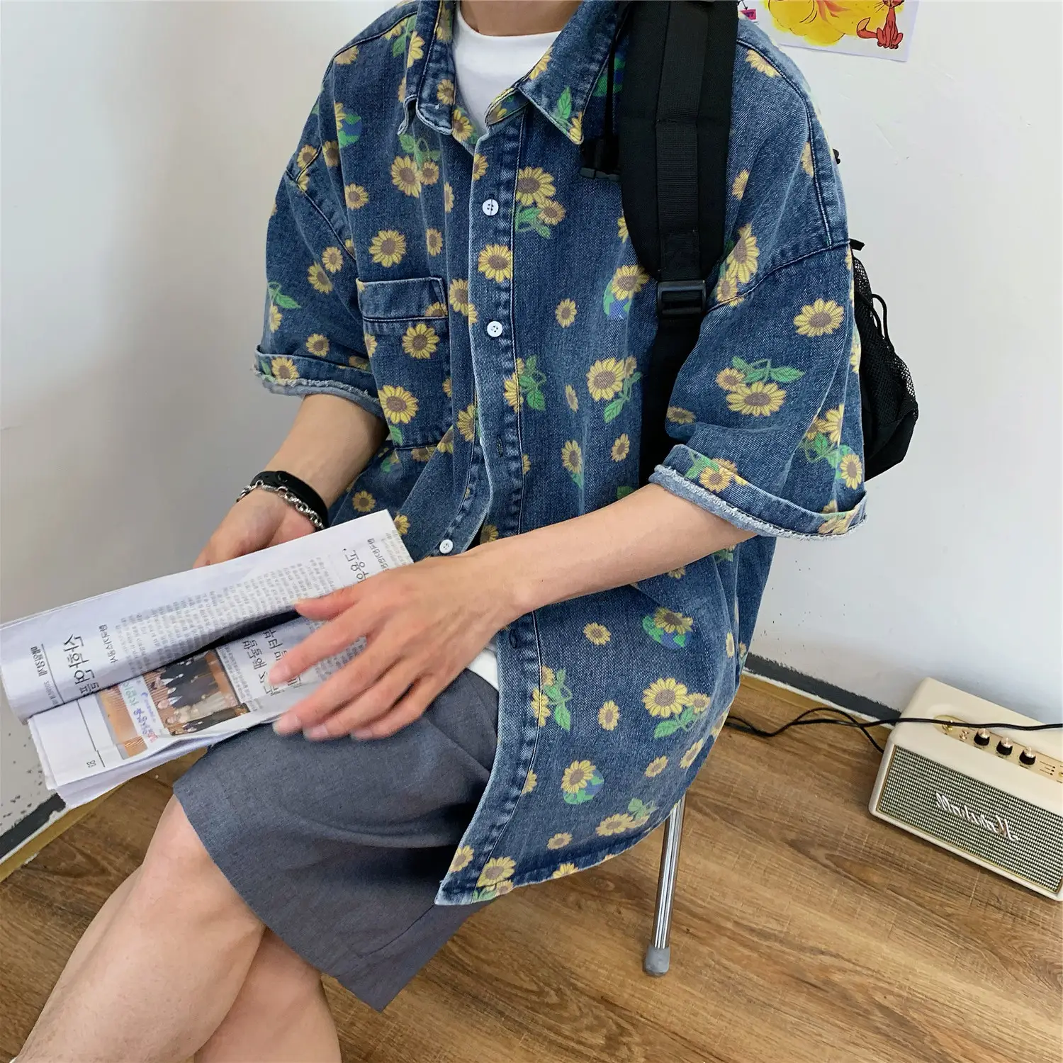 Vintage Denim Shirt Men Summer Daisy Print Washed — feature 23