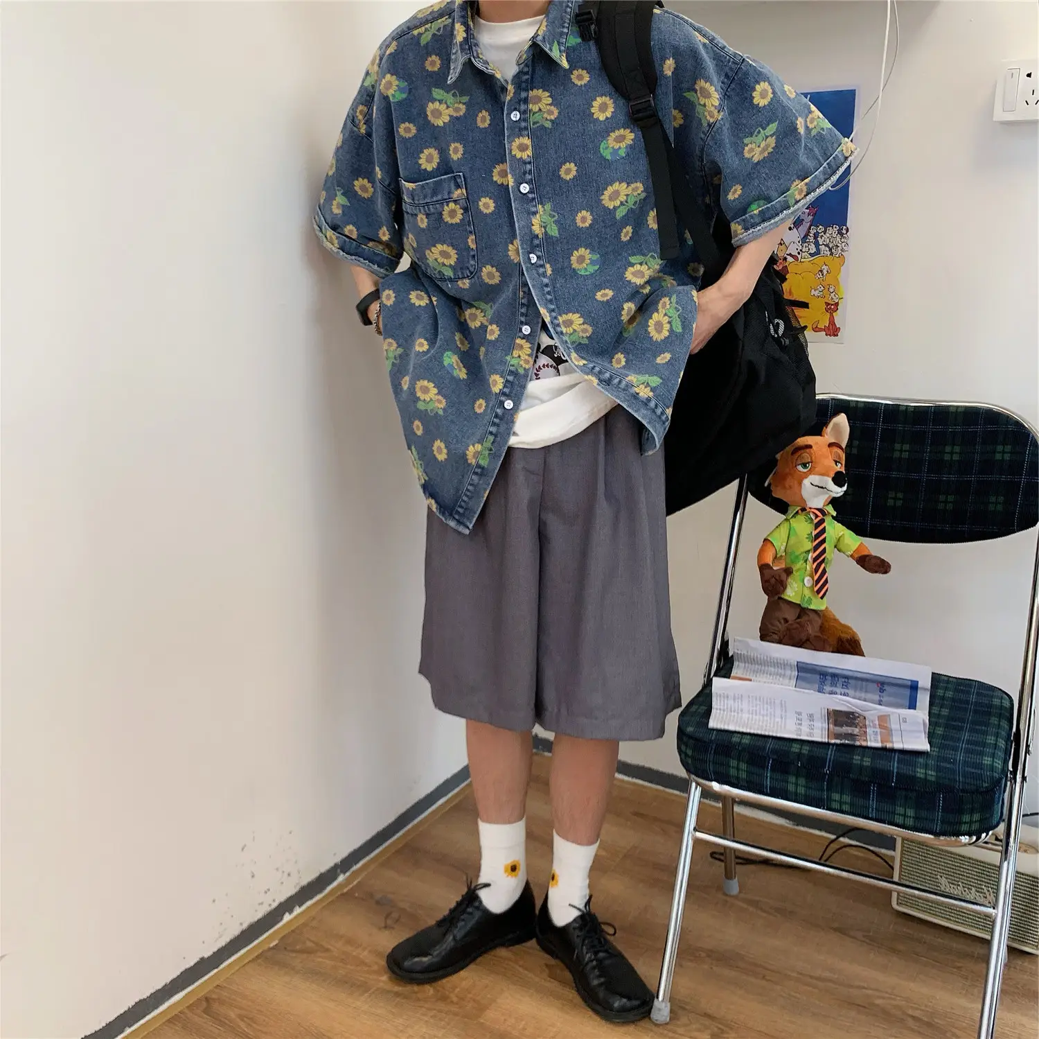 Vintage Denim Shirt Men Summer Daisy Print Washed — feature 24
