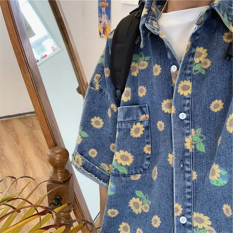 Vintage Denim Shirt Men Summer Daisy Print Washed — feature 6