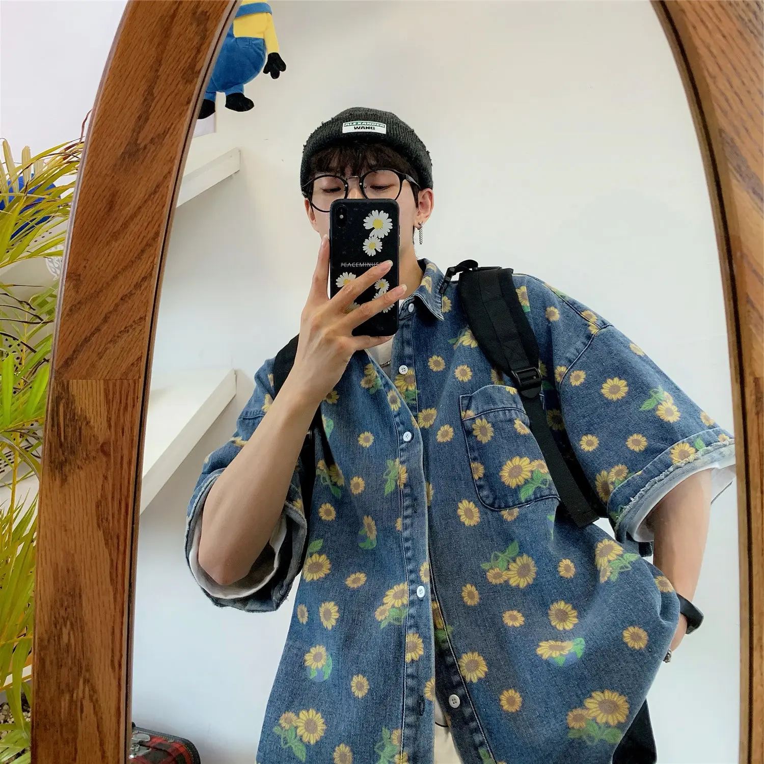 Vintage Denim Shirt Men Summer Daisy Print Washed — feature 7