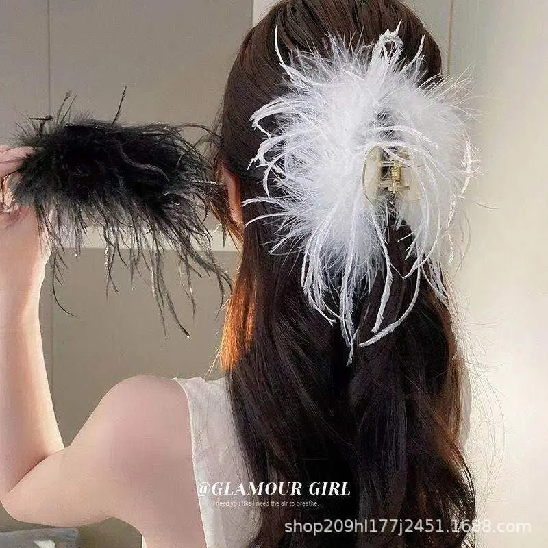 Ostrich Fur Hair Clip for Women Large Shark Style Hairpin - Image 7