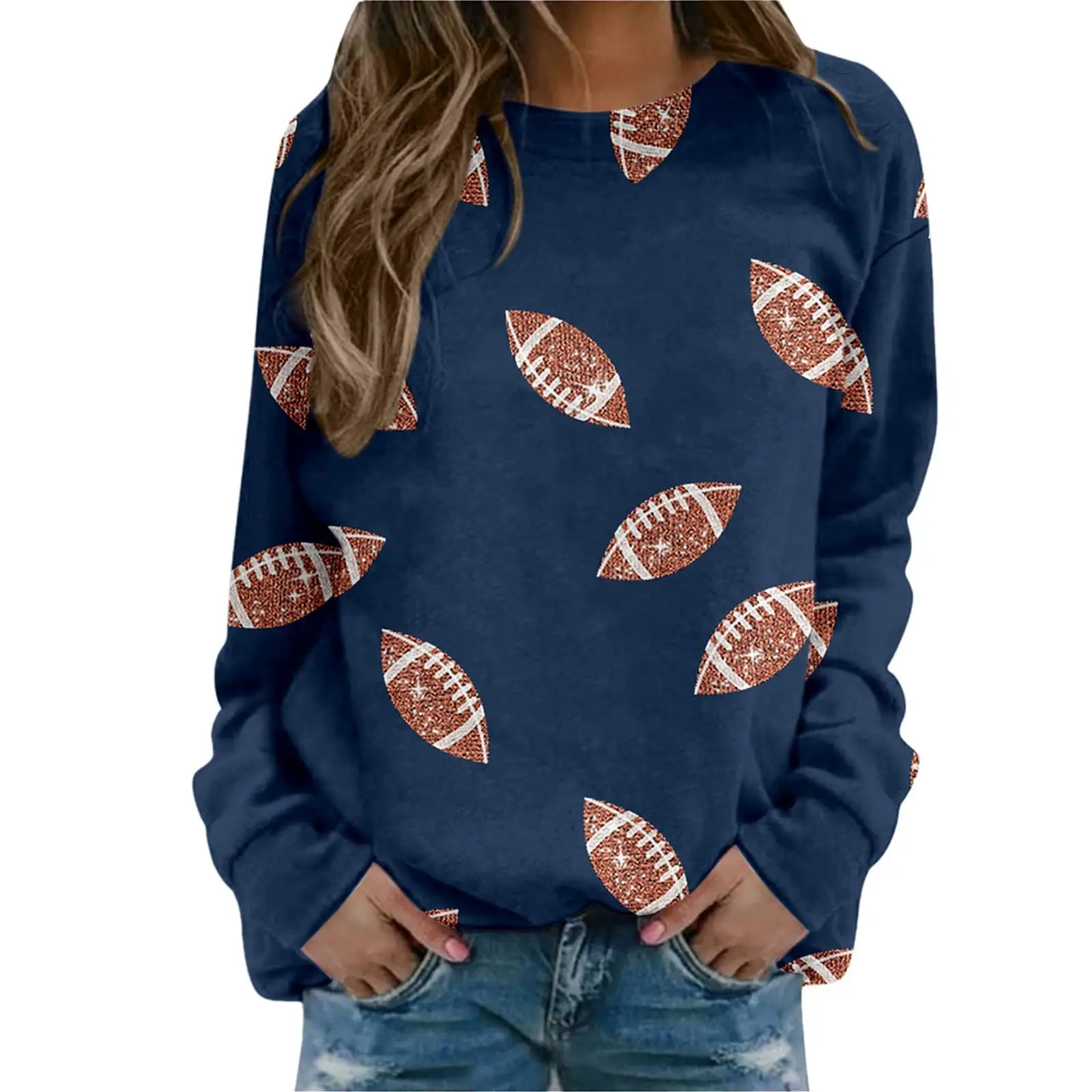 Brown Football Print Sweatshirt for Women - Image 14