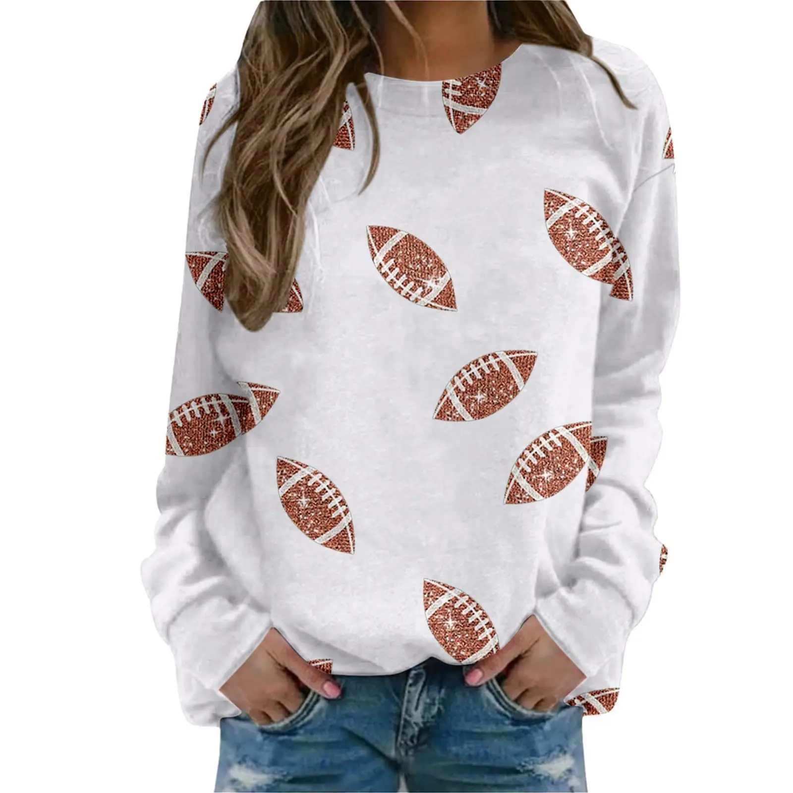 Brown Football Print Sweatshirt for Women - Image 15