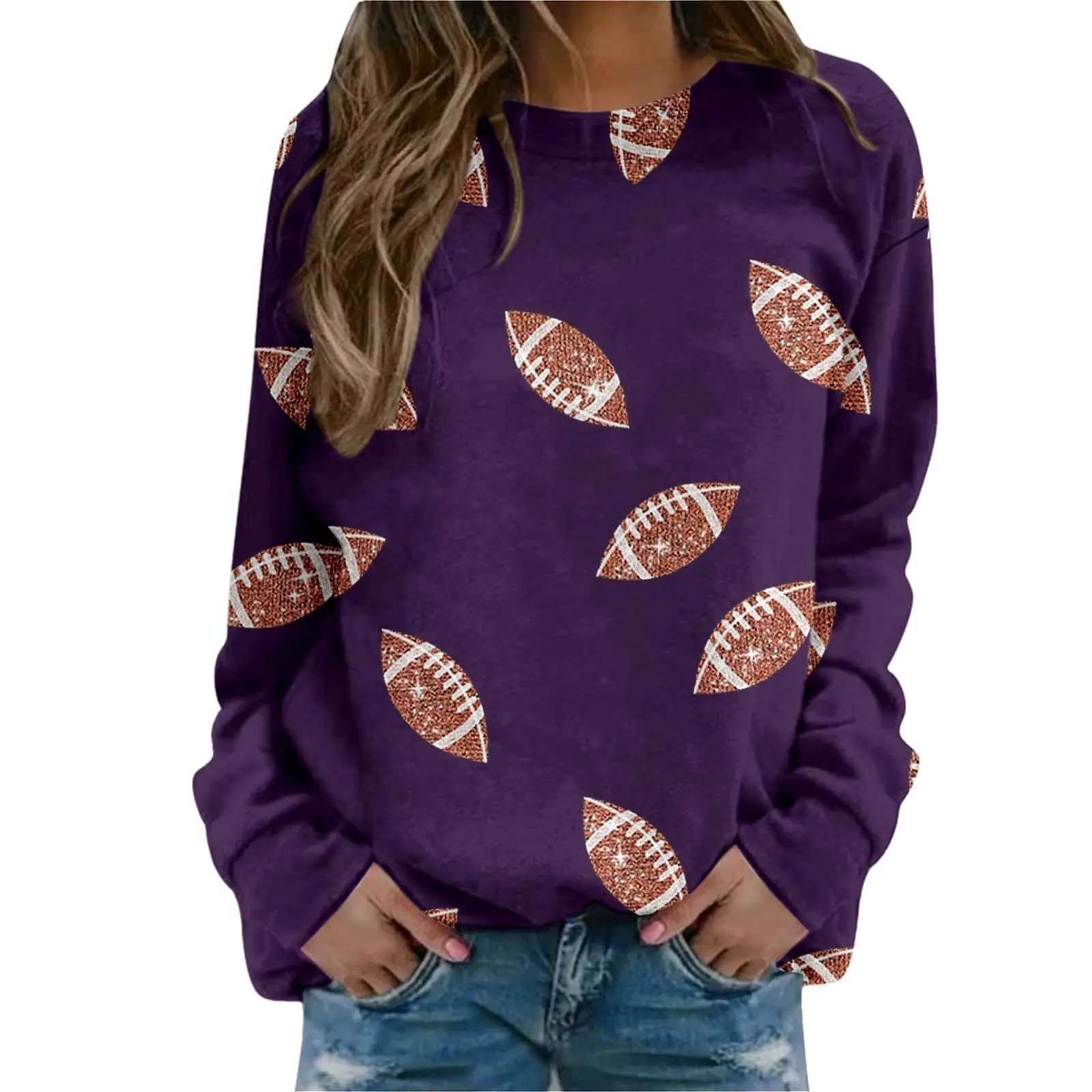 Brown Football Print Sweatshirt for Women - Image 17