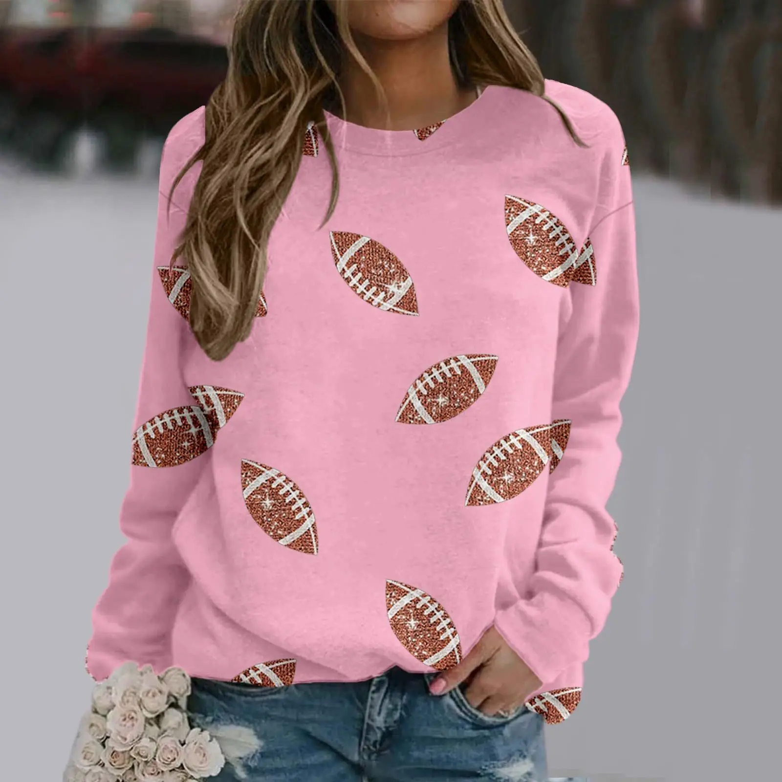 Brown Football Print Sweatshirt for Women — feature 14