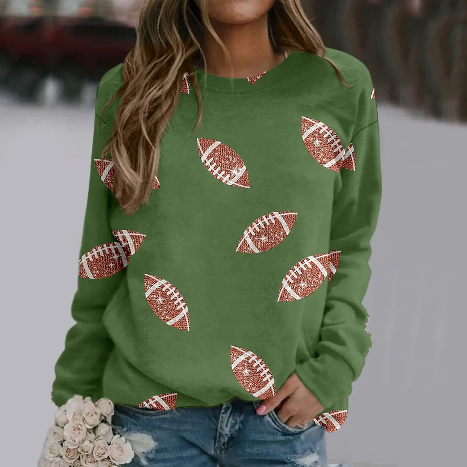 Brown Football Print Sweatshirt for Women — feature 18