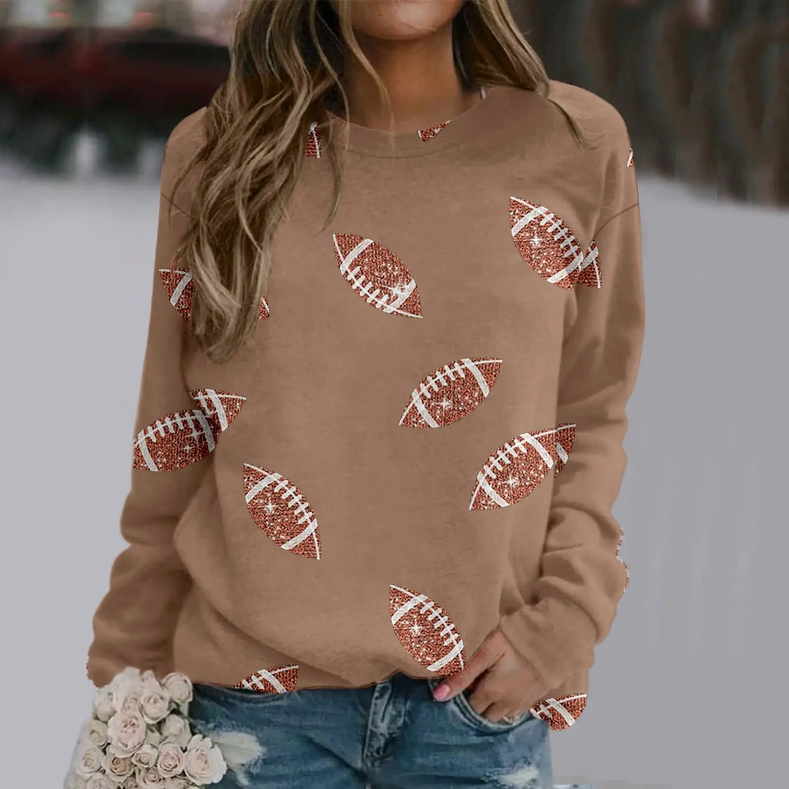 Brown Football Print Sweatshirt for Women — feature 19