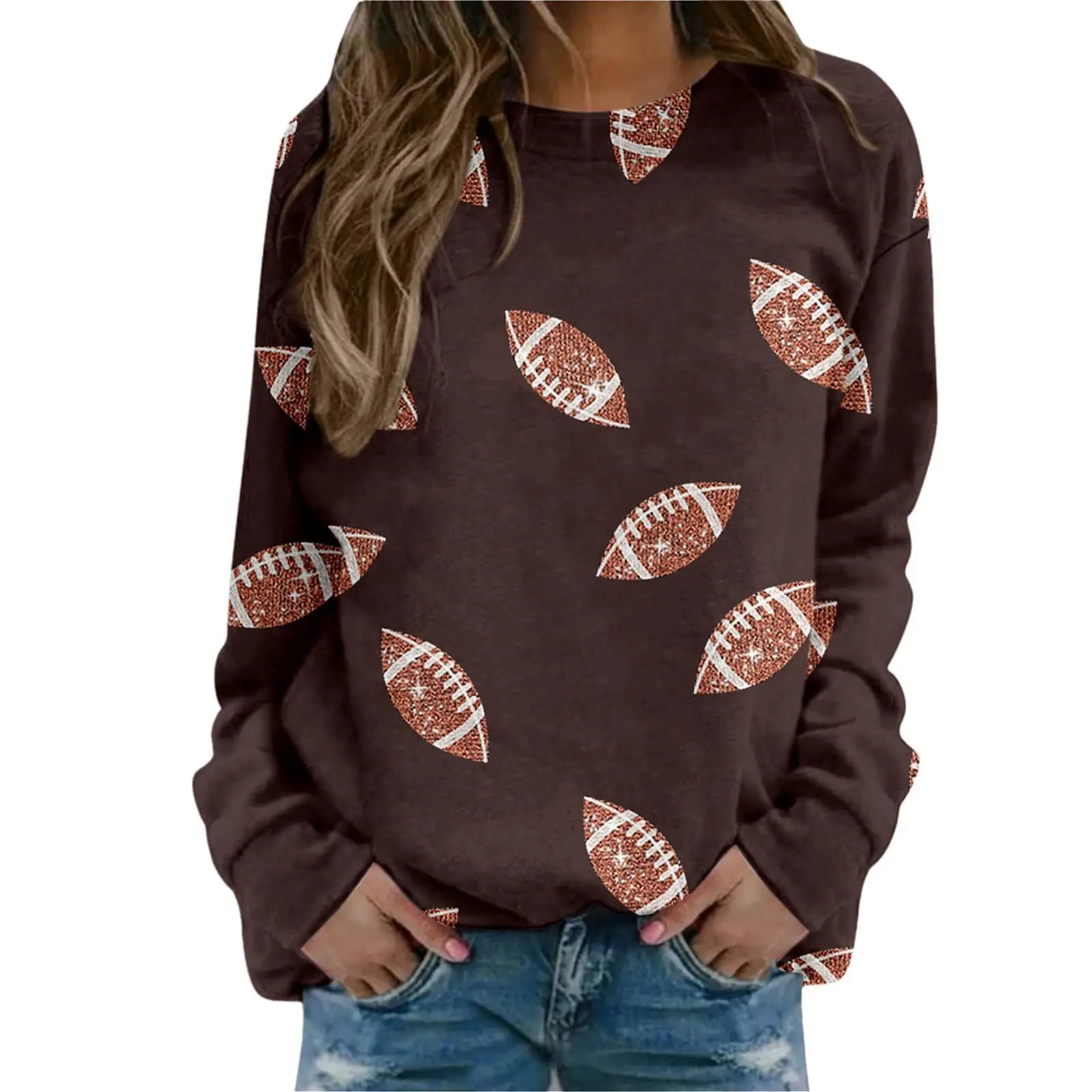 Brown Football Print Sweatshirt for Women — feature 7