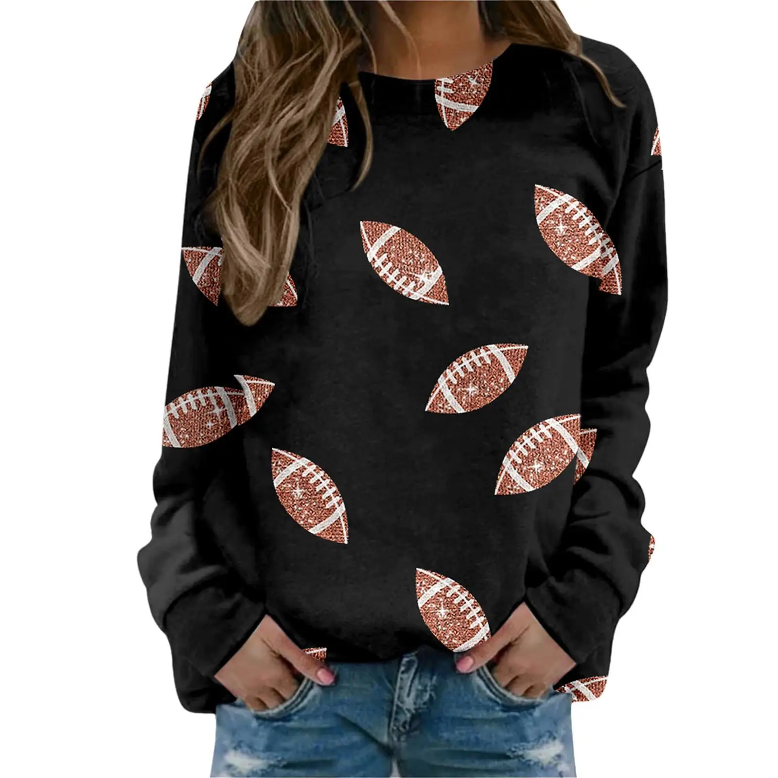 Brown Football Print Sweatshirt for Women — feature 9