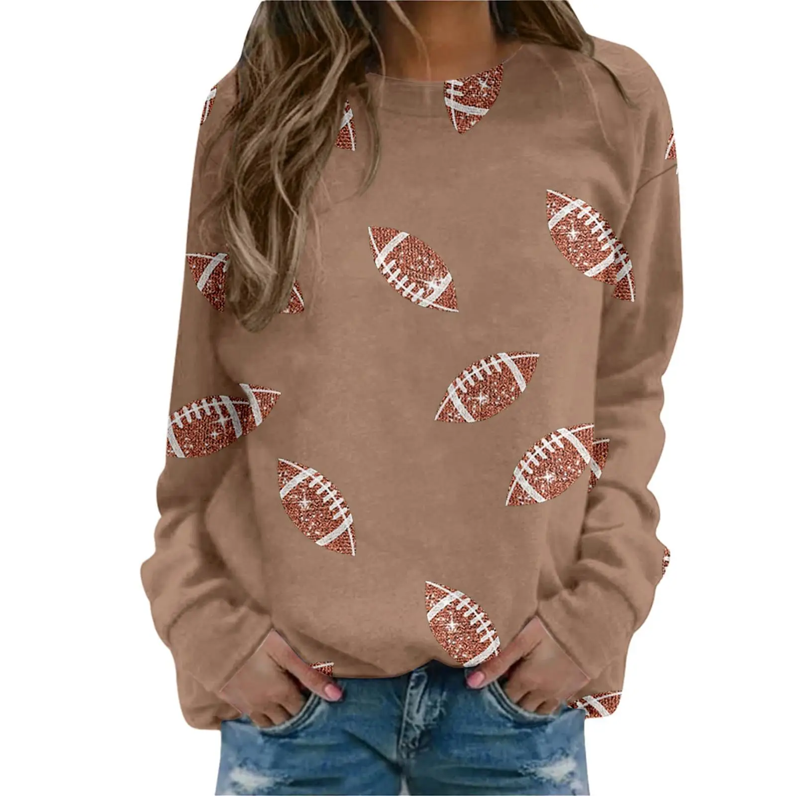 Brown Football Print Sweatshirt for Women - Image 11