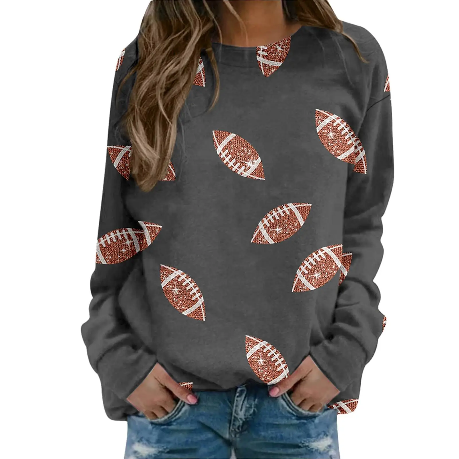Brown Football Print Sweatshirt for Women - Image 3